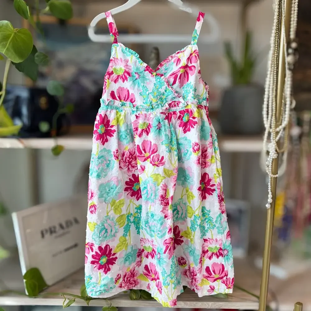 Penelope Mack Girls Floral Smocked Sundress Pink Teal White Lined Size 6 Preppy